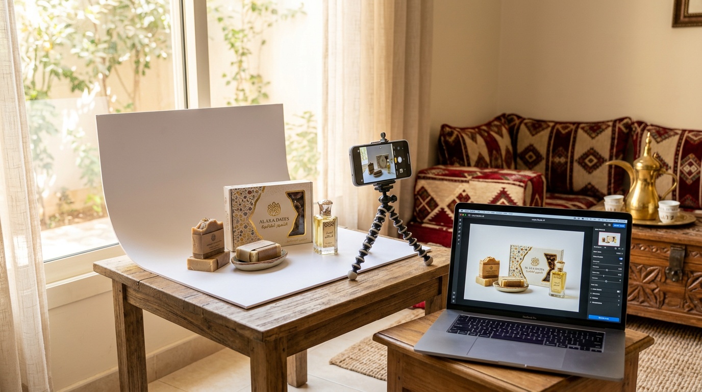 تصوير المنتجات في المنزل - إعداد تصوير منزلي بسيط قرب النافذة مع إضاءة طبيعية