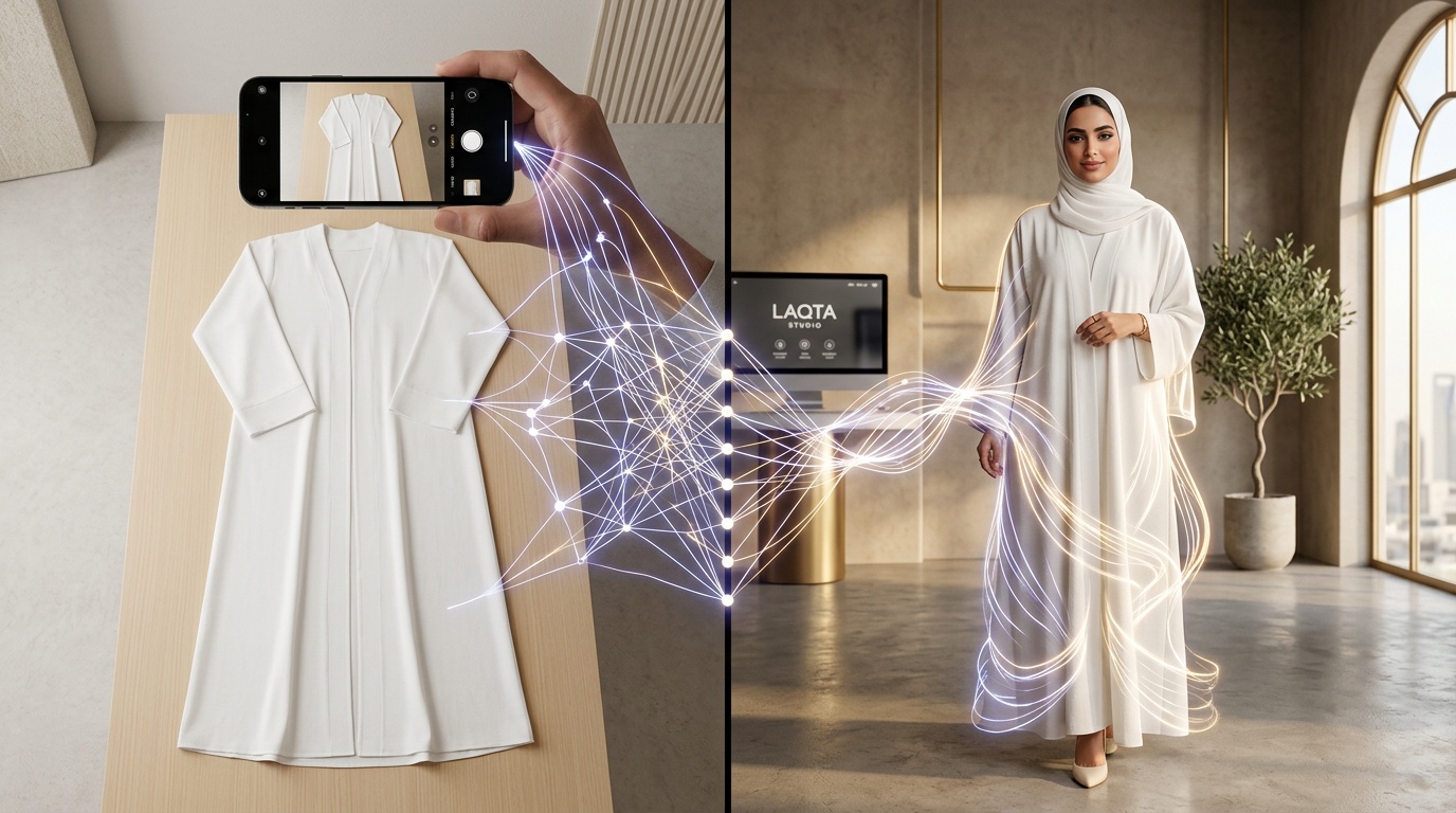 تصوير ملابس بالذكاء الاصطناعي - تحويل صورة عباية عادية إلى صورة على موديل افتراضي سعودي
