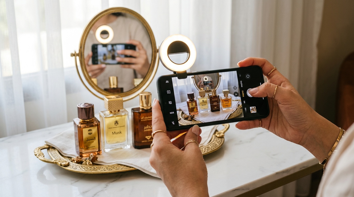 تصوير منتجات بالهاتف - تصوير عطور سعودية بالجوال مع إضاءة طبيعية