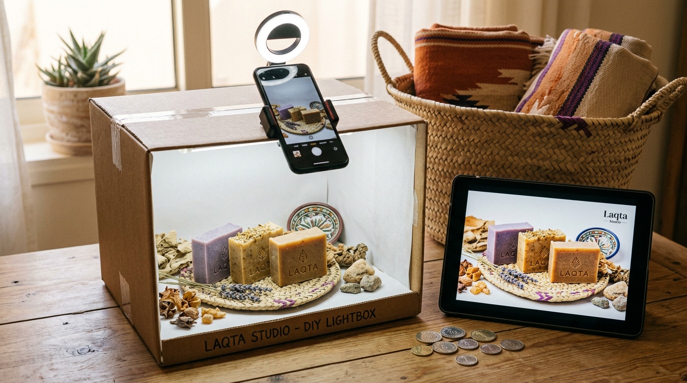 تصوير منتجات رخيص واحترافي - إعداد بسيط بالجوال وصندوق إضاءة منزلي