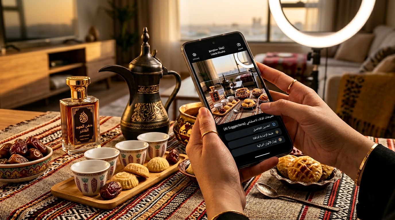تطبيق تصوير منتجات سعودية بالهاتف مع واجهة لقطة استوديو وإضاءة احترافية