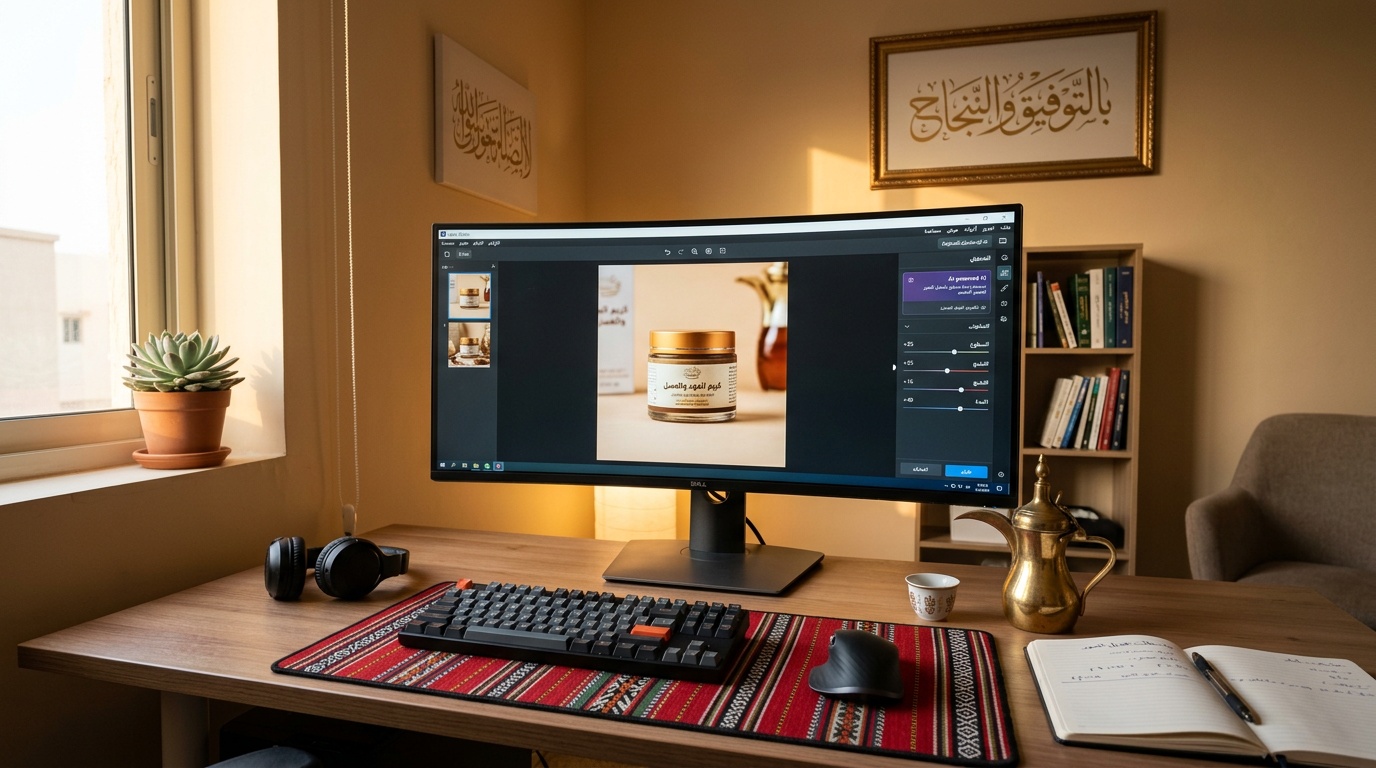 مساحة عمل سعودية عصرية لتعديل الصور عبر لقطة استوديو مع واجهة عربية وأدوات تحرير ذكية