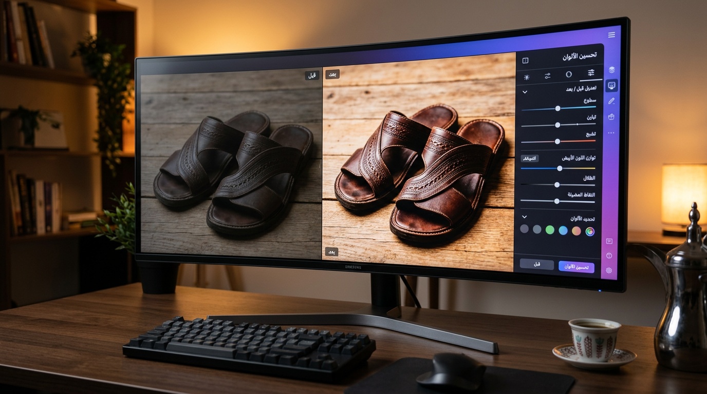 واجهة تعديل صورة منتج سعودي قبل وبعد التحسين بأدوات لقطة للذكاء الاصطناعي