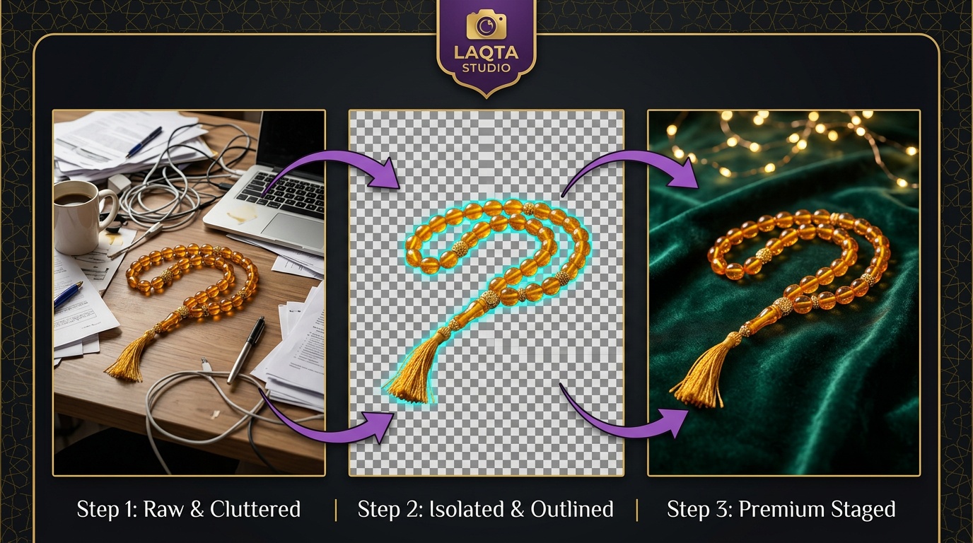 تغيير خلفية صورة سبحة سعودية في ثلاث مراحل - من خلفية فوضوية إلى شفافة إلى خلفية فاخرة بأداة لقطة