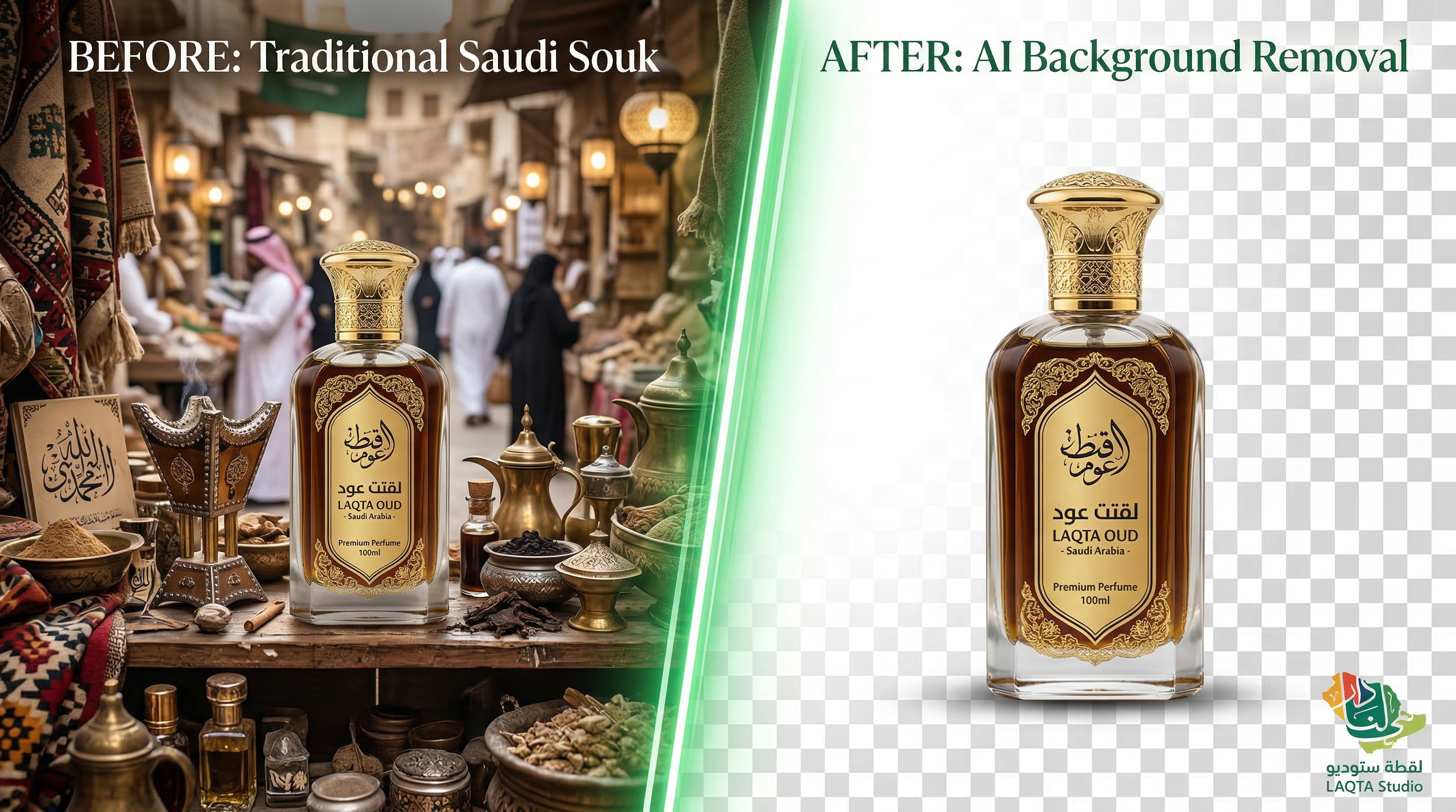 تفريغ صورة عطر سعودي من الخلفية باستخدام الذكاء الاصطناعي - قبل وبعد