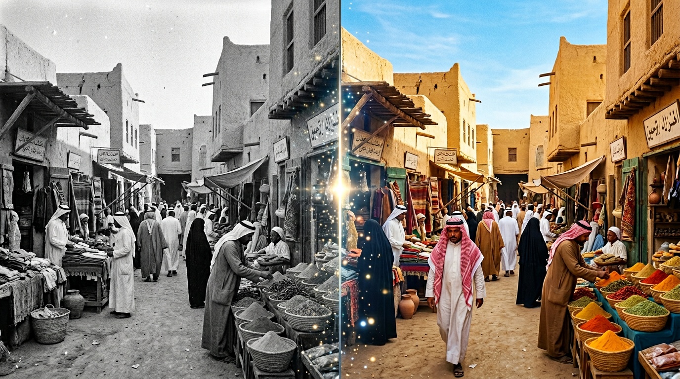 تلوين صورة سوق سعودي تراثي قديم بالأبيض والأسود بالذكاء الاصطناعي