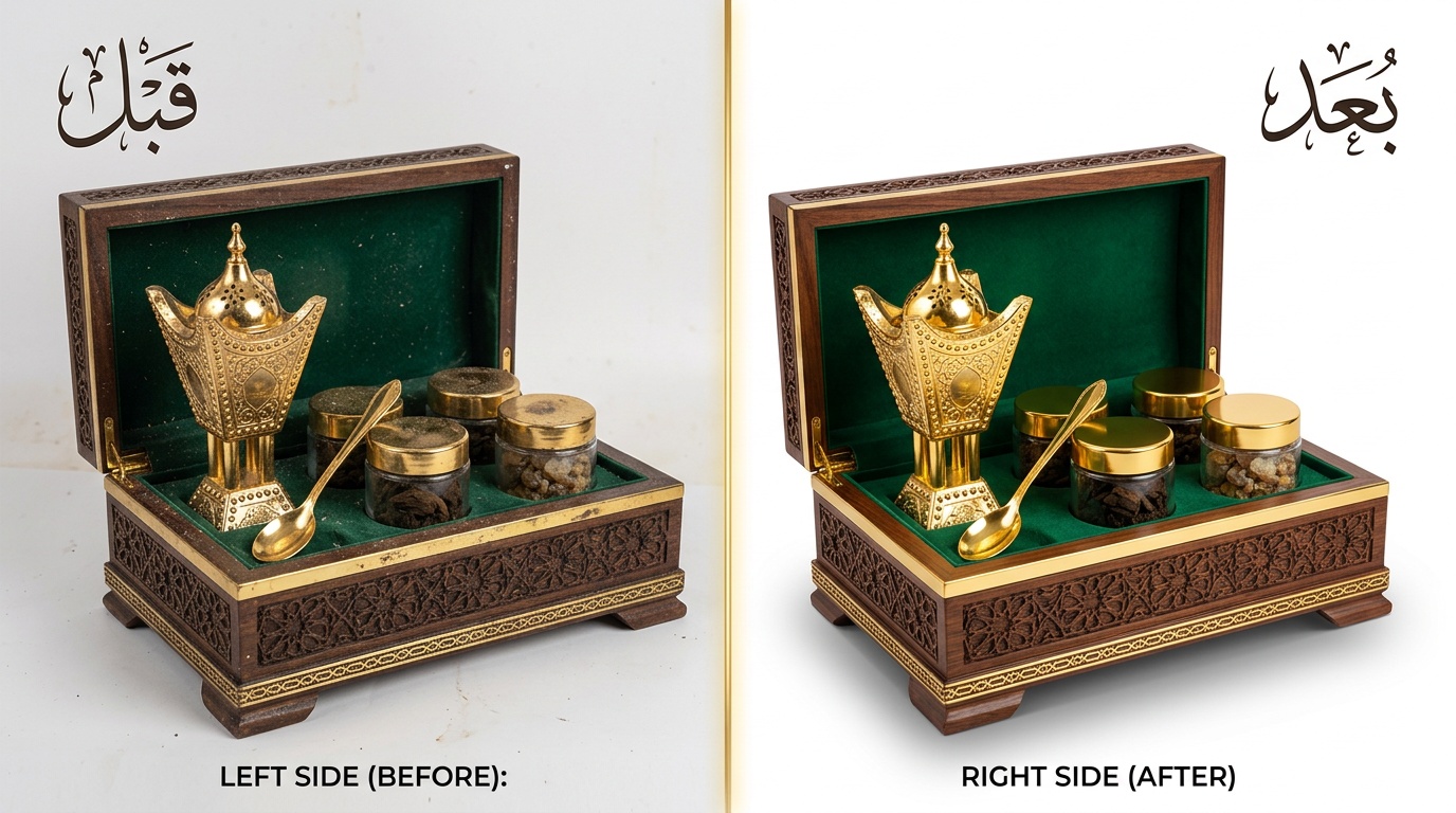 تنظيف صورة منتج بخور سعودي قبل وبعد بالذكاء الاصطناعي عبر لقطة استوديو - إزالة الغبار والعيوب