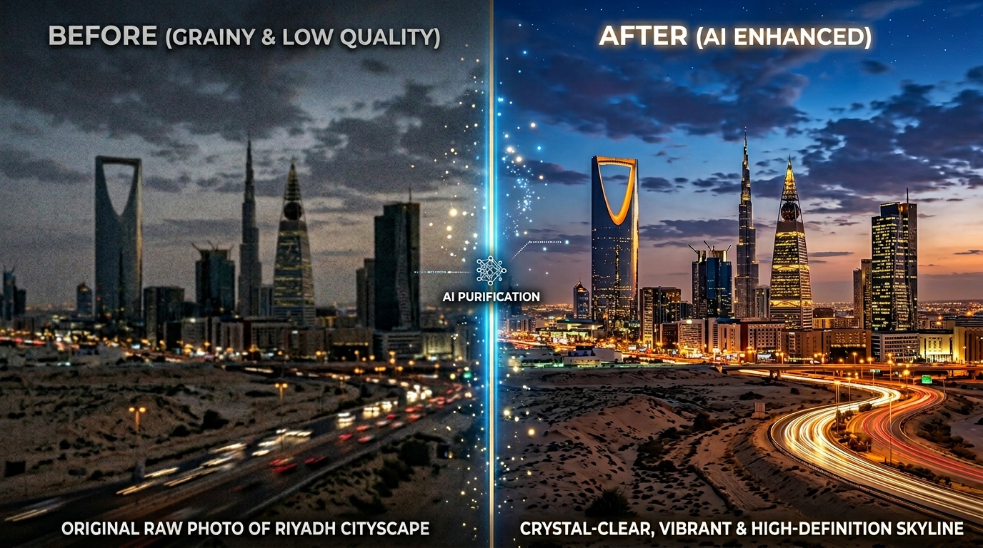 تنقية صورة بالذكاء الاصطناعي - مقارنة قبل وبعد لأفق مدينة الرياض