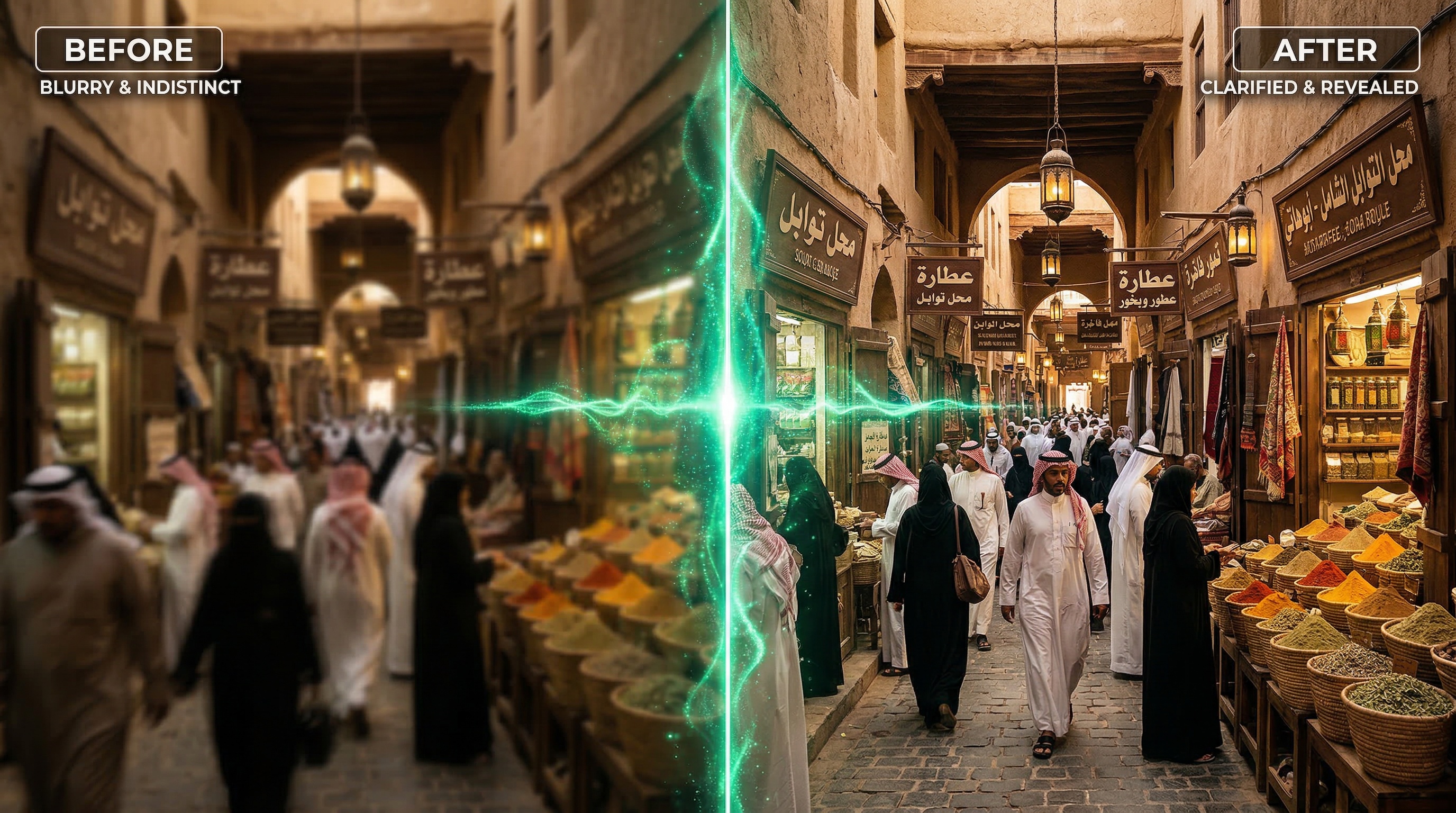 توضيح صورة سوق سعودي تقليدي بالذكاء الاصطناعي - من ضبابية إلى واضحة