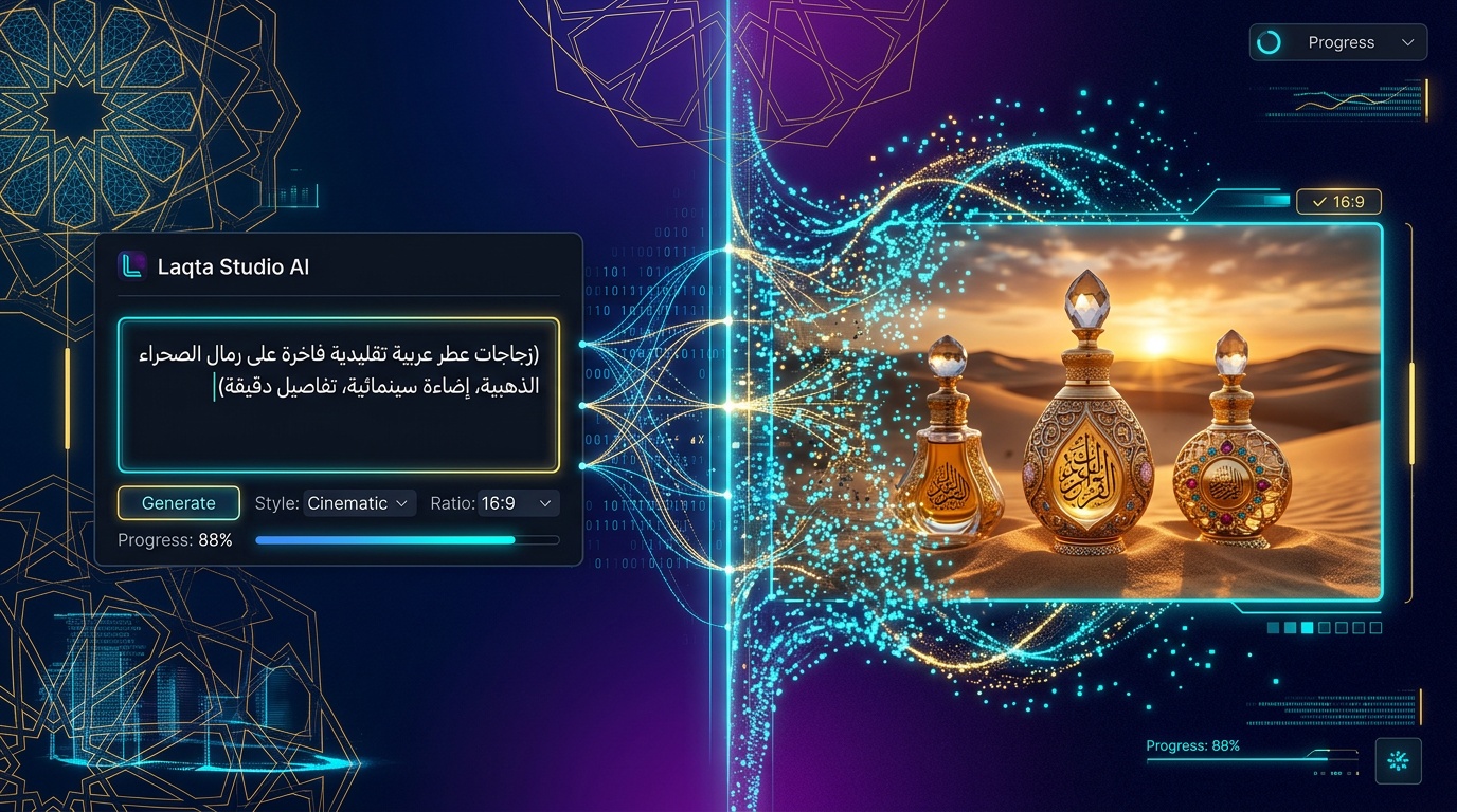 عملية توليد صور بالذكاء الاصطناعي من نص عربي عبر أداة لقطة استوديو