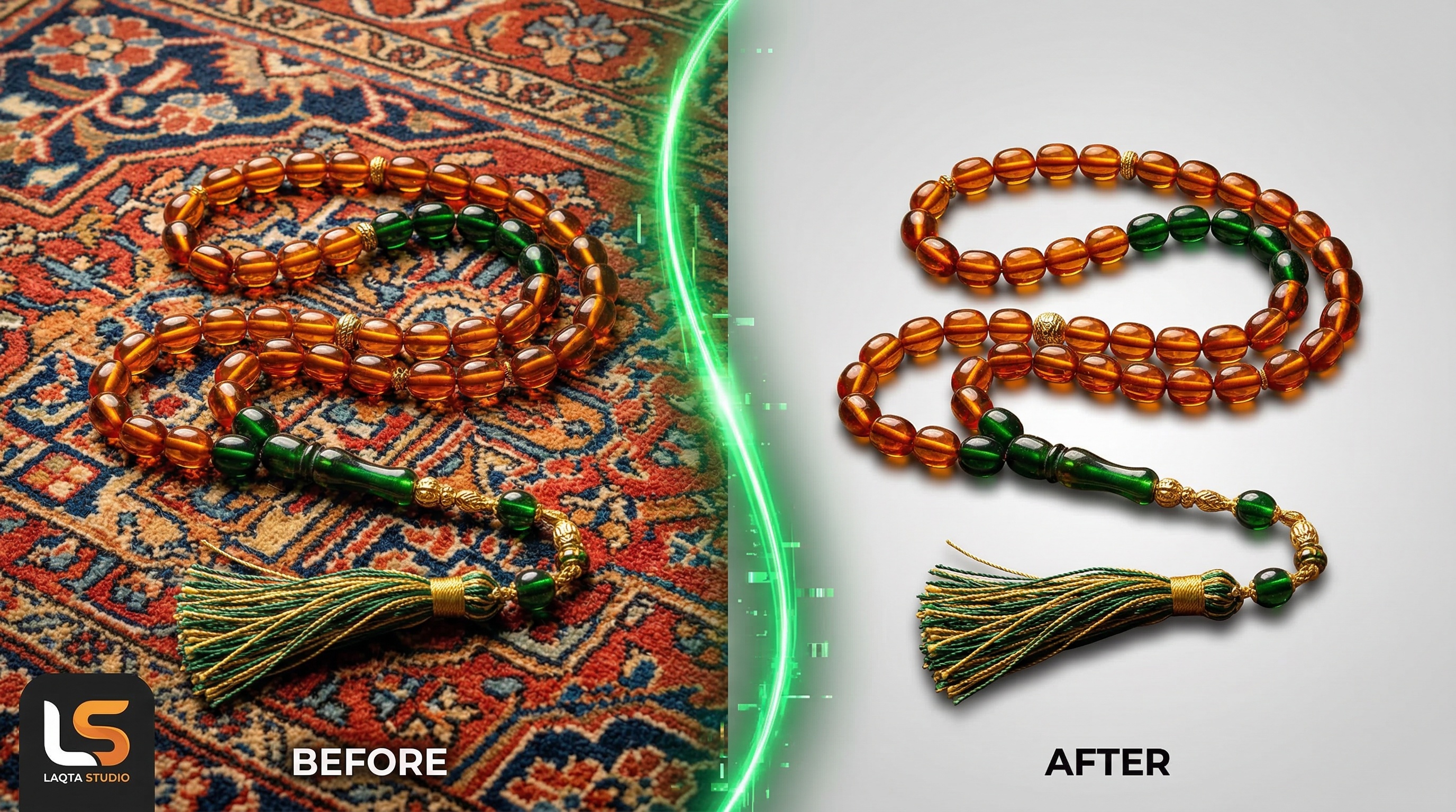 حذف خلفية صورة سبحة سعودية تقليدية بالذكاء الاصطناعي - قبل وبعد