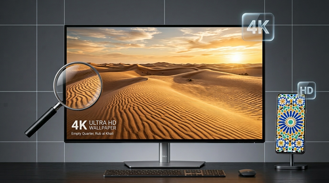 خلفيات عالية الجودة HD و4K تعرض صحراء الربع الخالي وزخارف عربية بدقة فائقة