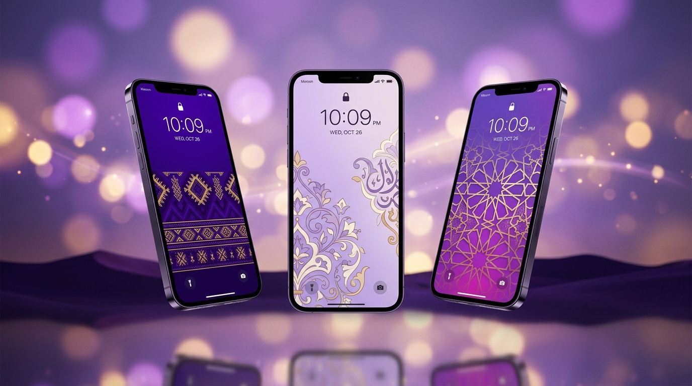 مجموعة خلفيات بنفسجية فخمة للجوال مع زخارف عربية وأنماط هندسية إسلامية