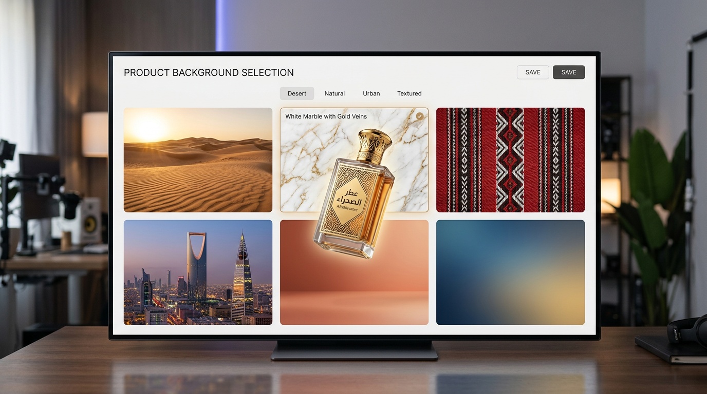 خلفيات جاهزة لتصوير المنتجات بطابع سعودي - صحراء ورخام ونقوش سدو