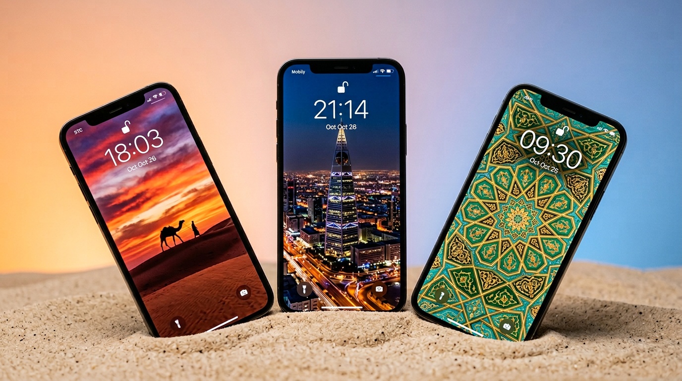 خلفيات جوال بطابع سعودي - صحراء وأبراج الرياض ونقوش إسلامية