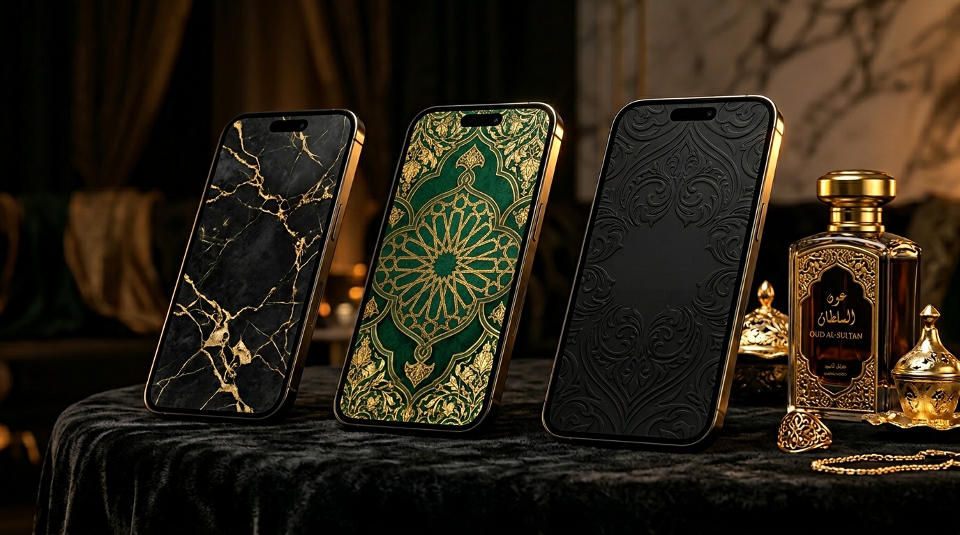 خلفيات فخمة داكنة بزخارف ذهبية عربية ورخام أسود وعطر عود سعودي