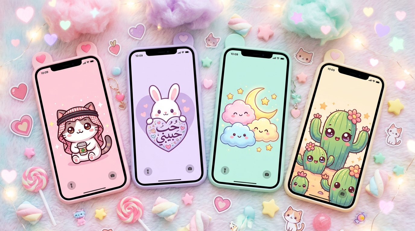 خلفيات كيوت بألوان باستيل مع رسومات قطة بشماغ سعودي وأرنب بخط عربي