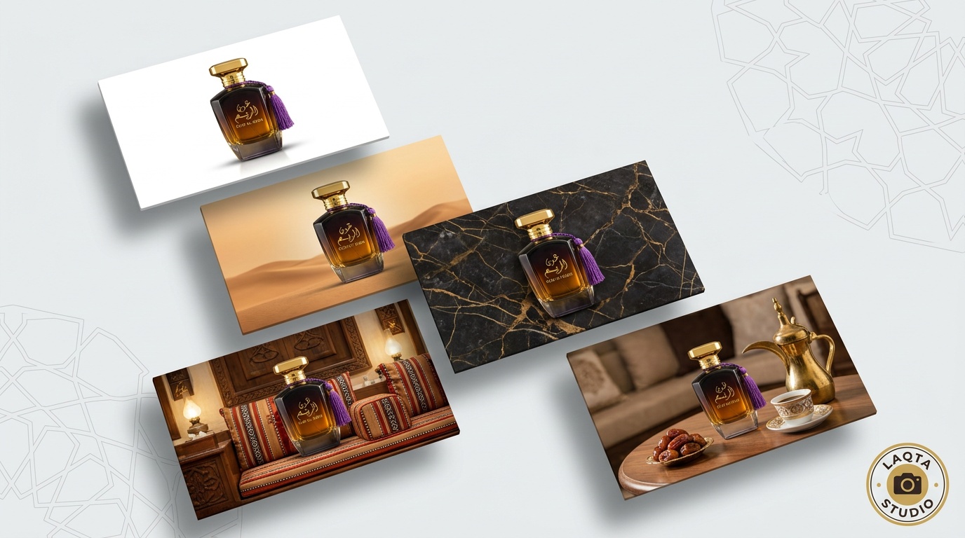 خلفيات متنوعة للتصميم مع عرض عطر سعودي على خلفيات مختلفة - استوديو أبيض وصحراء ومجلس ورخام