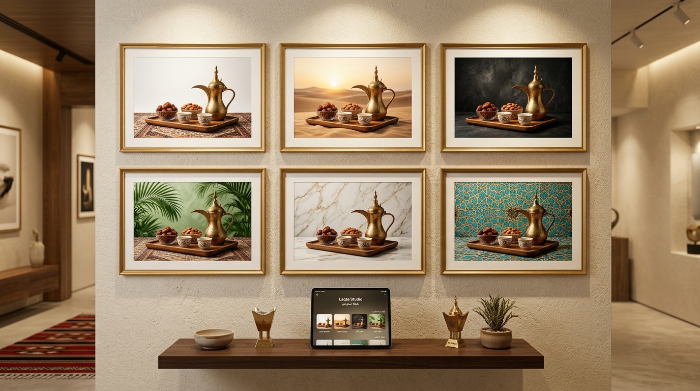 معرض خلفيات متنوعة لصورة قهوة سعودية تقليدية من استوديو أبيض إلى صحراء وأنماط إسلامية عبر لقطة