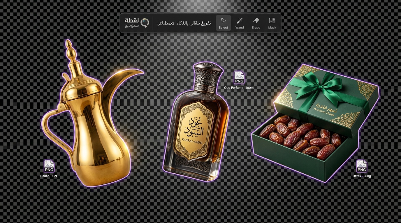 منتجات سعودية فاخرة بخلفية شفافة PNG - دلة وعطر وتمور مفرغة بأداة لقطة