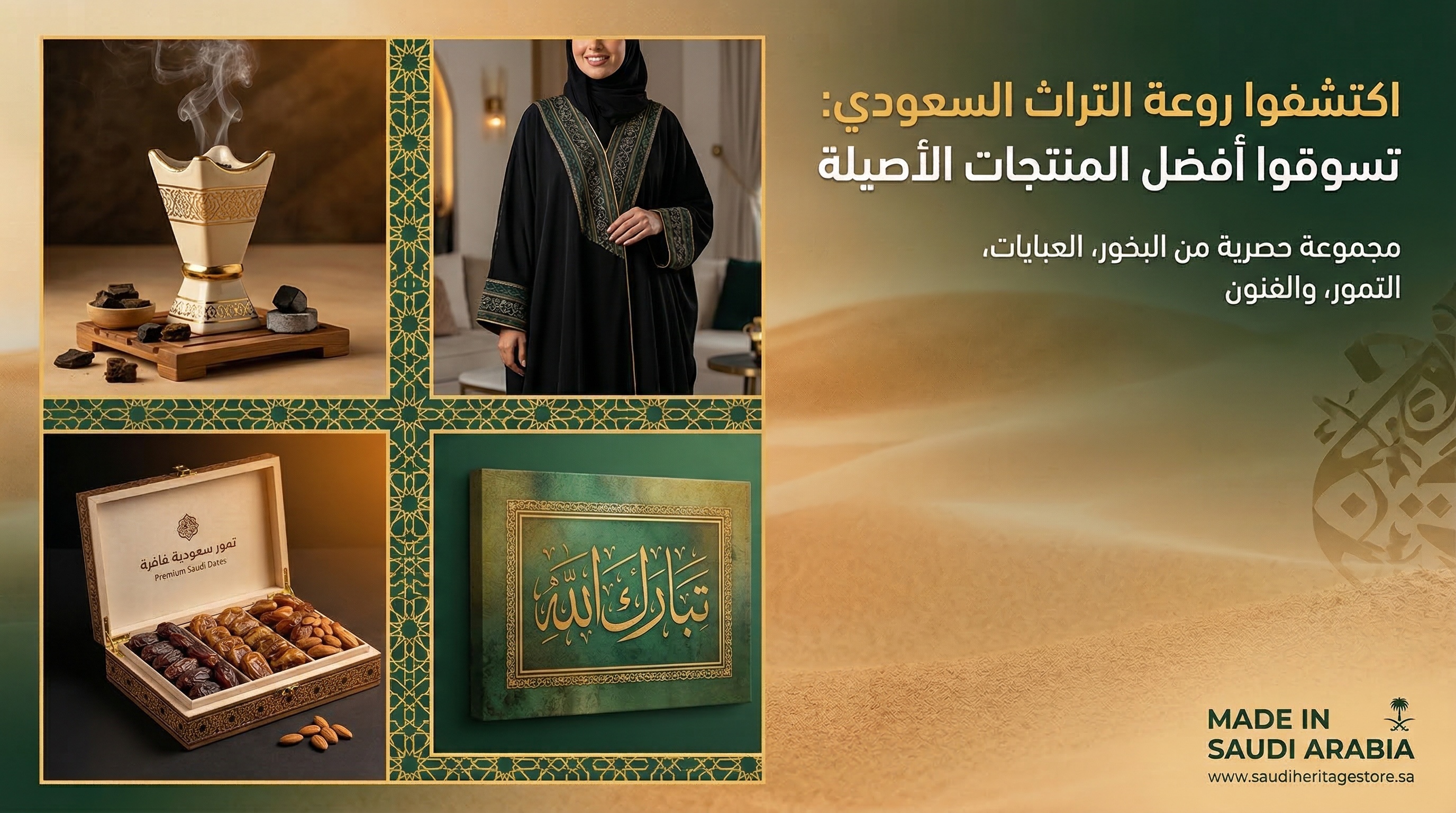 دمج صور منتجات سعودية متعددة في تصميم تسويقي واحد احترافي