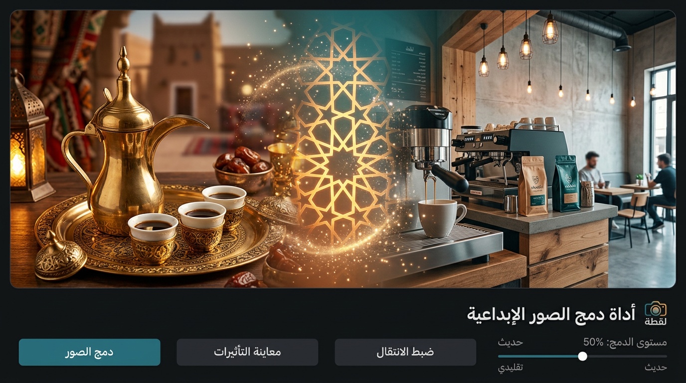 دمج صورتين لمنتجات سعودية بتأثير سحري مع أداة لقطة استوديو وزخارف إسلامية