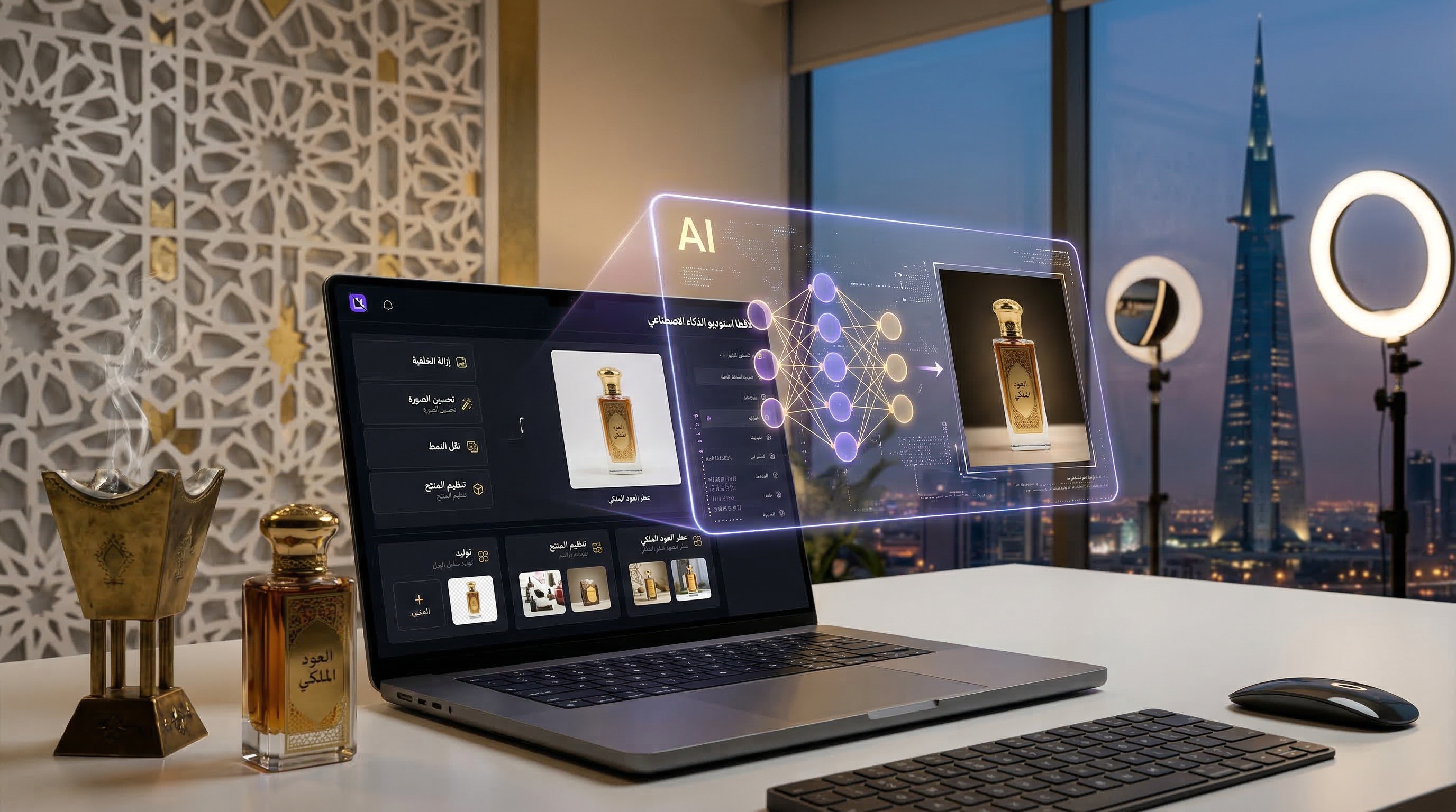الذكاء الاصطناعي لتحسين الصور عبر أدوات لقطة استوديو المتعددة مع عناصر سعودية ومشربية إسلامية