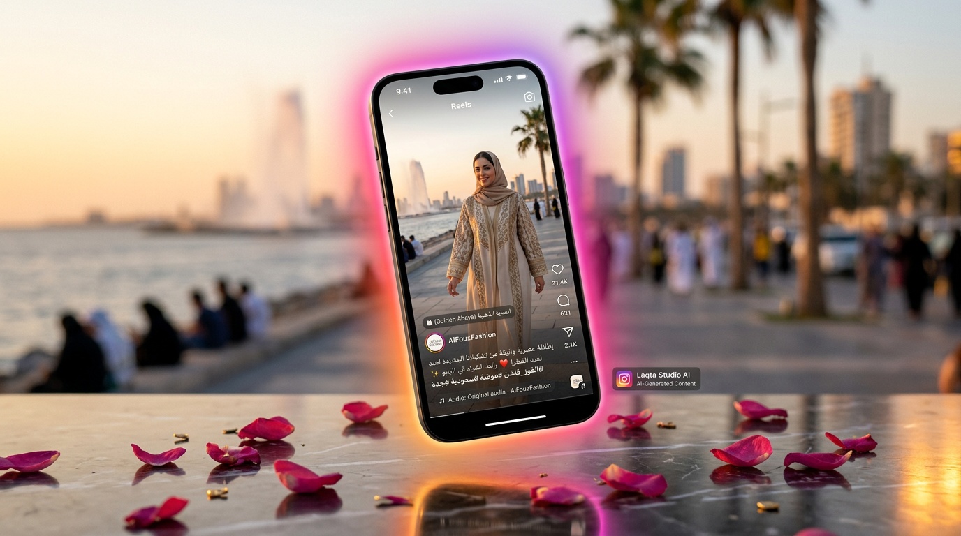 ريلز انستقرام لمتجر أزياء سعودي مع واجهة لقطة استوديو على خلفية واجهة جدة البحرية