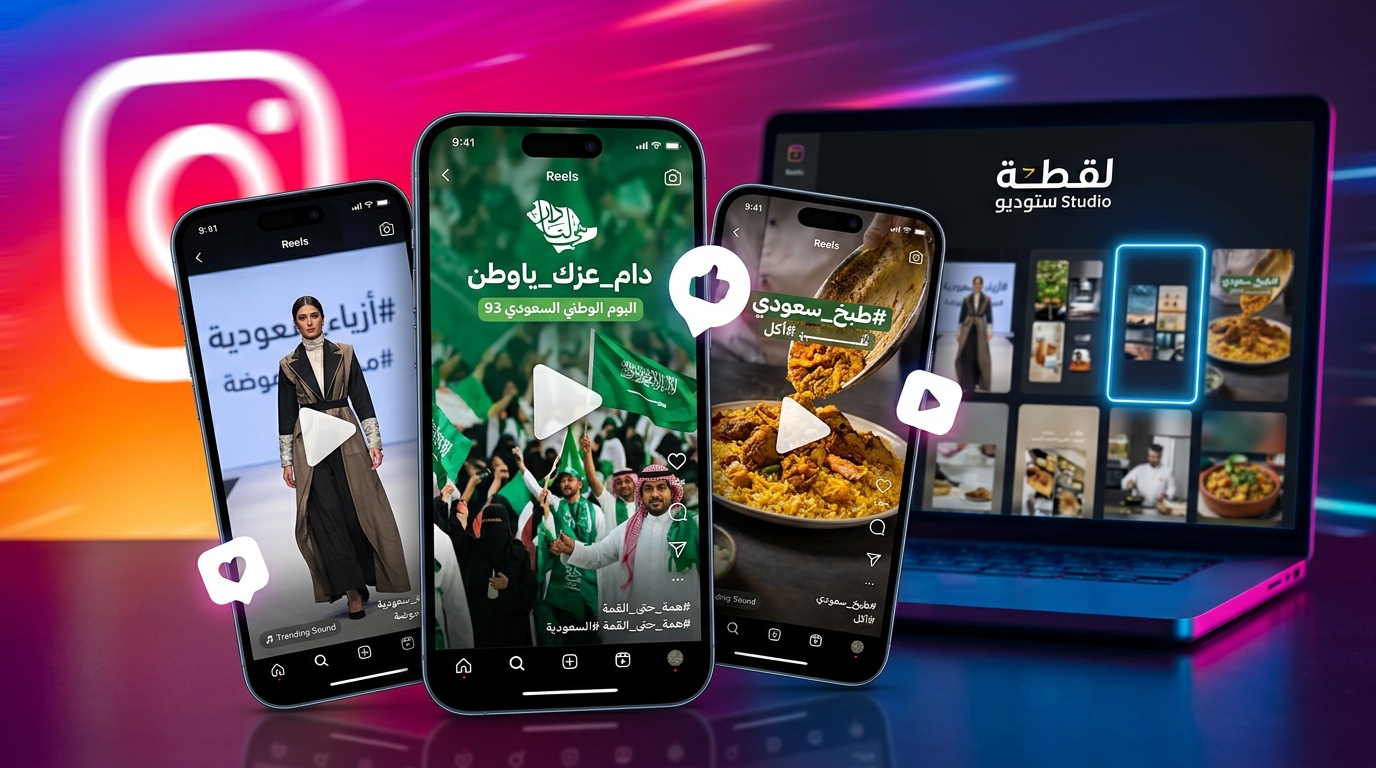 إنشاء ريلز احترافية لمتاجر سعودية مع قوالب لقطة استوديو وألوان انستقرام المتدرجة