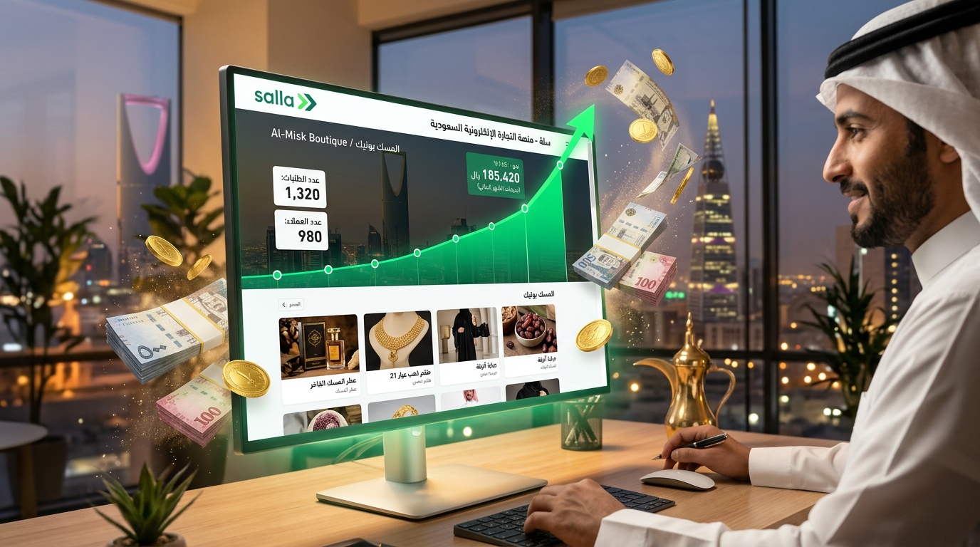 زيادة مبيعات متجر سلة - رسم بياني صاعد مع صور منتجات احترافية