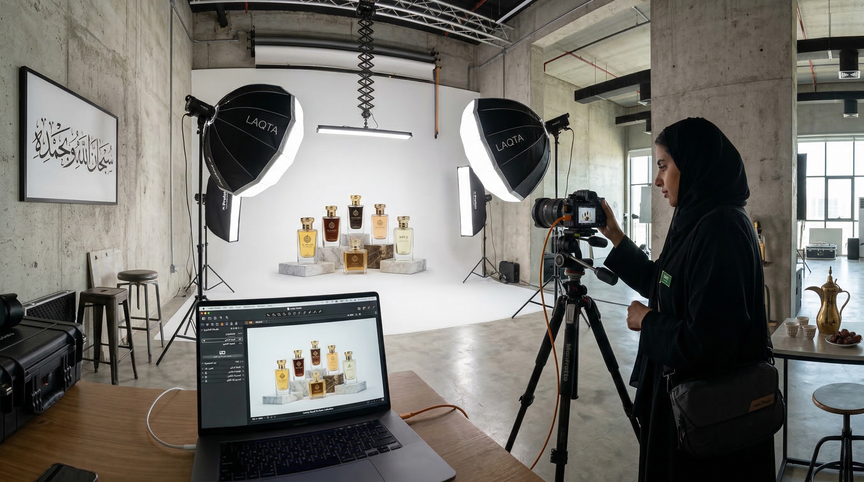 ستوديو تصوير منتجات احترافي في الرياض مع معدات إضاءة وواجهة لقطة استوديو ولمسات سعودية