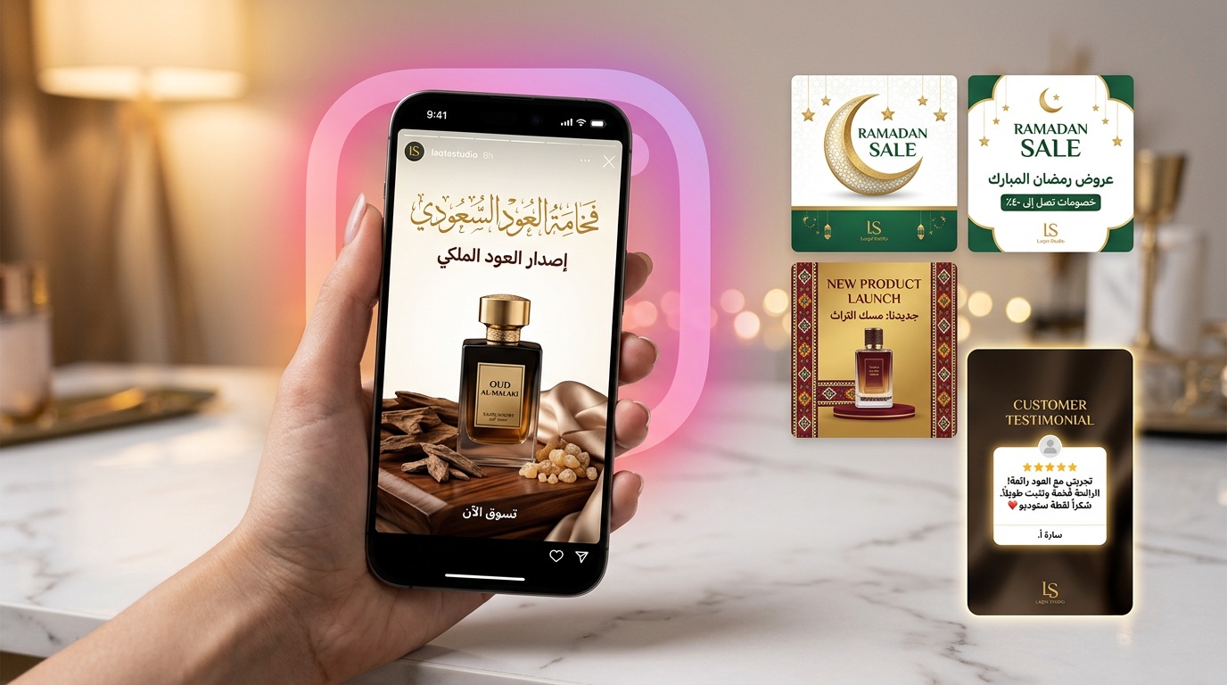 تصميم ستوري انستقرام احترافي بالعربية مع قوالب سعودية لمنتجات العطور - لقطة استوديو
