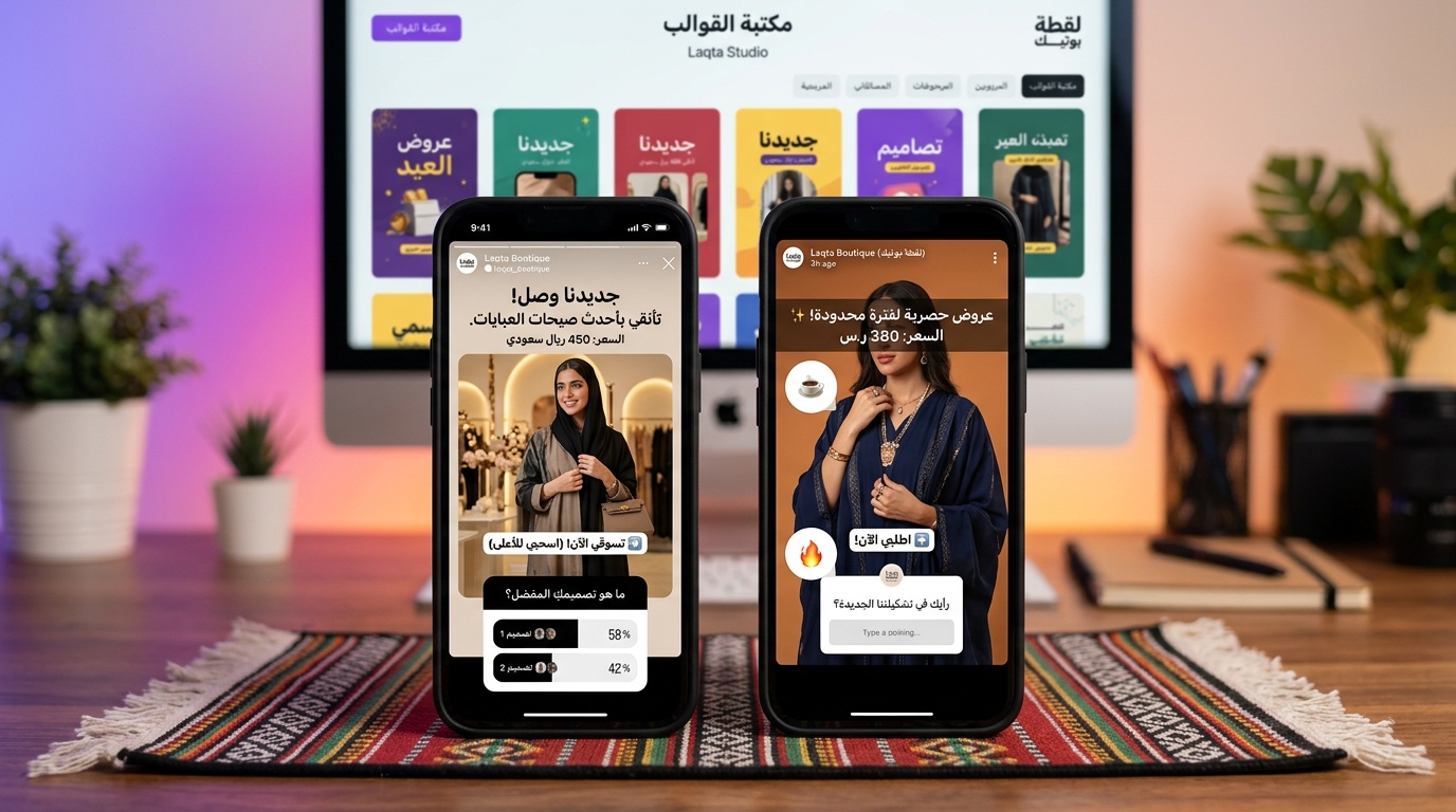 تصميم ستوري انستقرام وسناب شات لمتجر سعودي مع قوالب لقطة استوديو بنص عربي