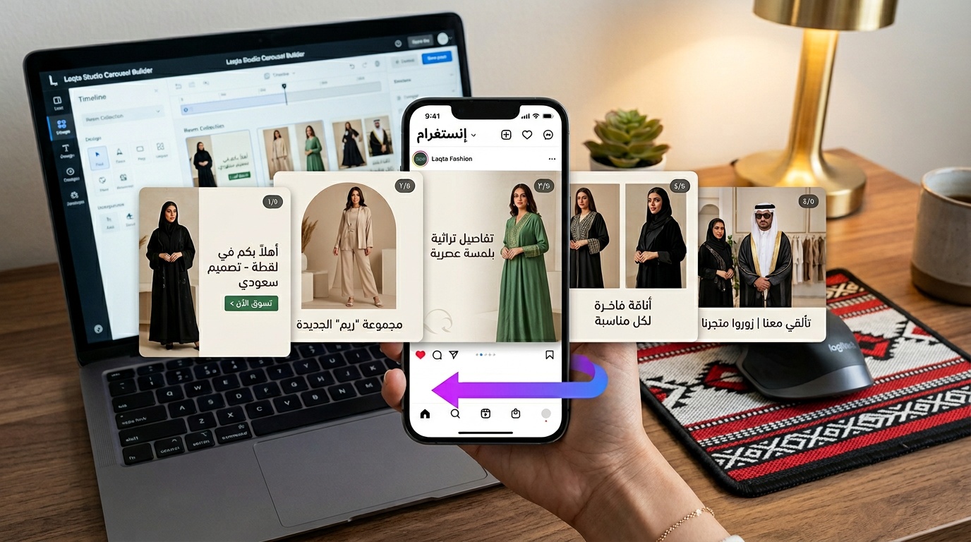 تصميم سلايدر كاروسيل انستقرام لمتجر أزياء سعودي مع أداة لقطة استوديو