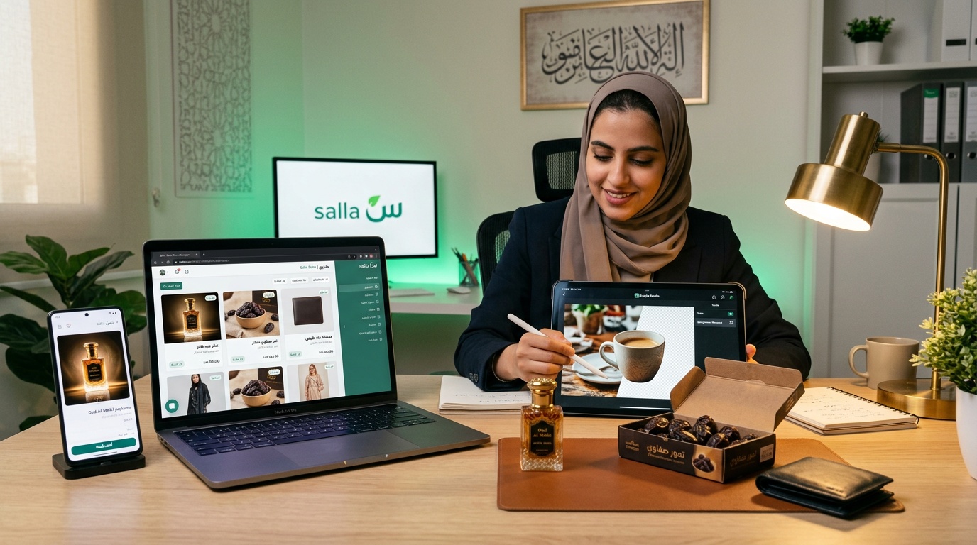 مساحة عمل تاجر سعودي على منصة سلة مع صور منتجات احترافية معدّلة بأداة لقطة للذكاء الاصطناعي