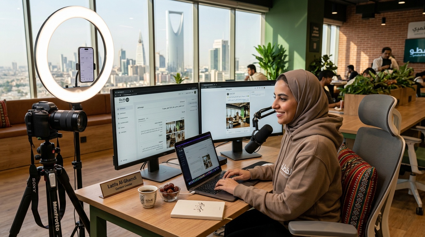 مساحة عمل صانع محتوى سعودي في الرياض مع شاشات لقطة استوديو وأدوات تصوير وقهوة عربية