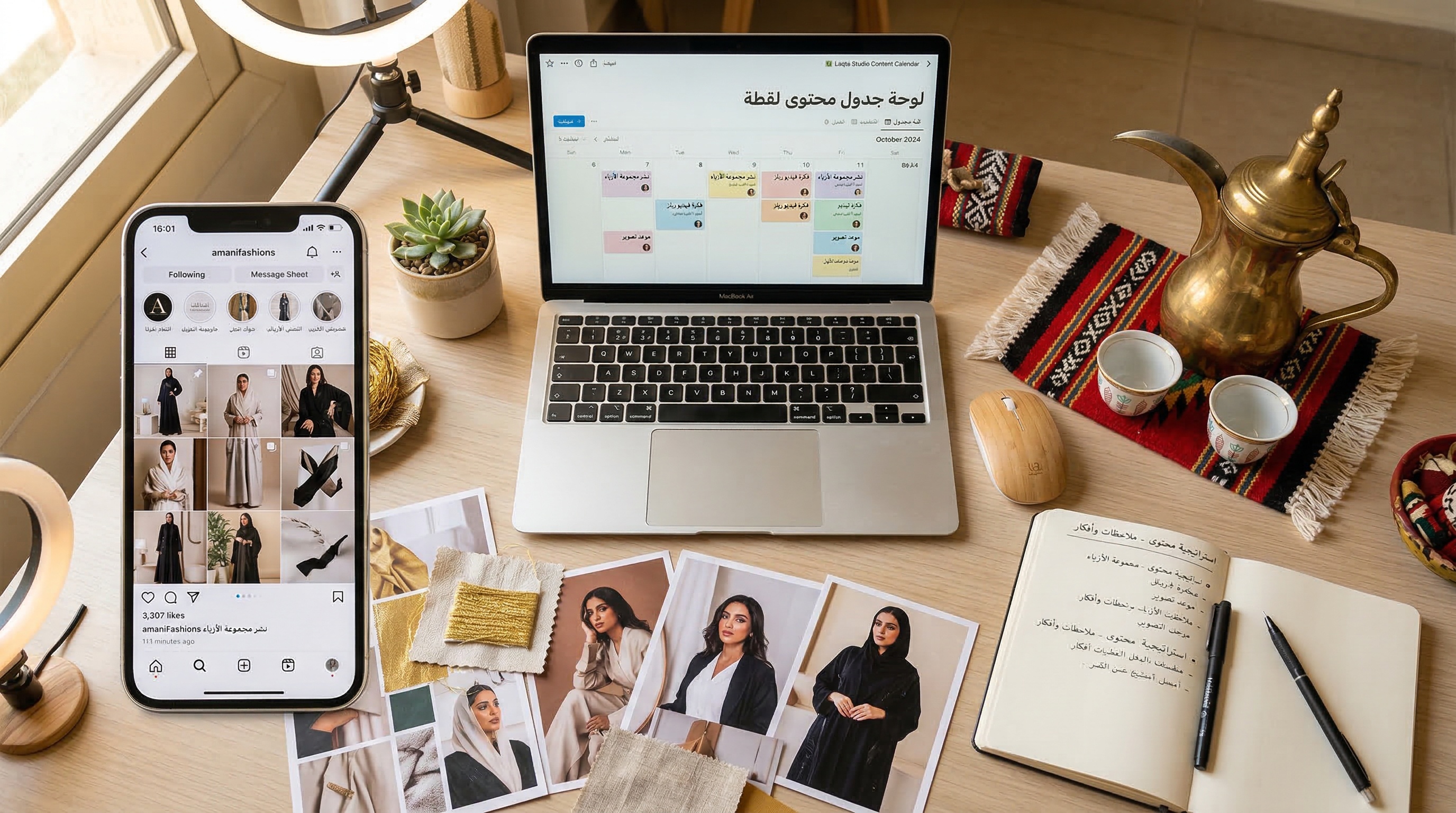 مساحة صناعة محتوى لمتجر سعودي مع أدوات التصميم والتخطيط بالعربي