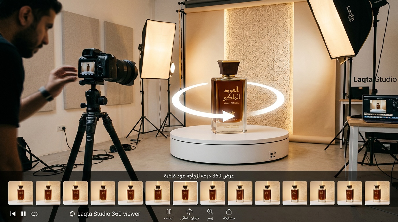تصوير منتج سعودي بزاوية 360 درجة على منصة دوارة مع واجهة لقطة استوديو في استوديو احترافي