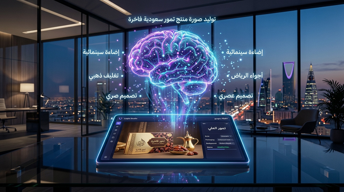 توليد صور بالذكاء الاصطناعي عبر واجهة لقطة استوديو مع هولوجرام شبكة عصبية