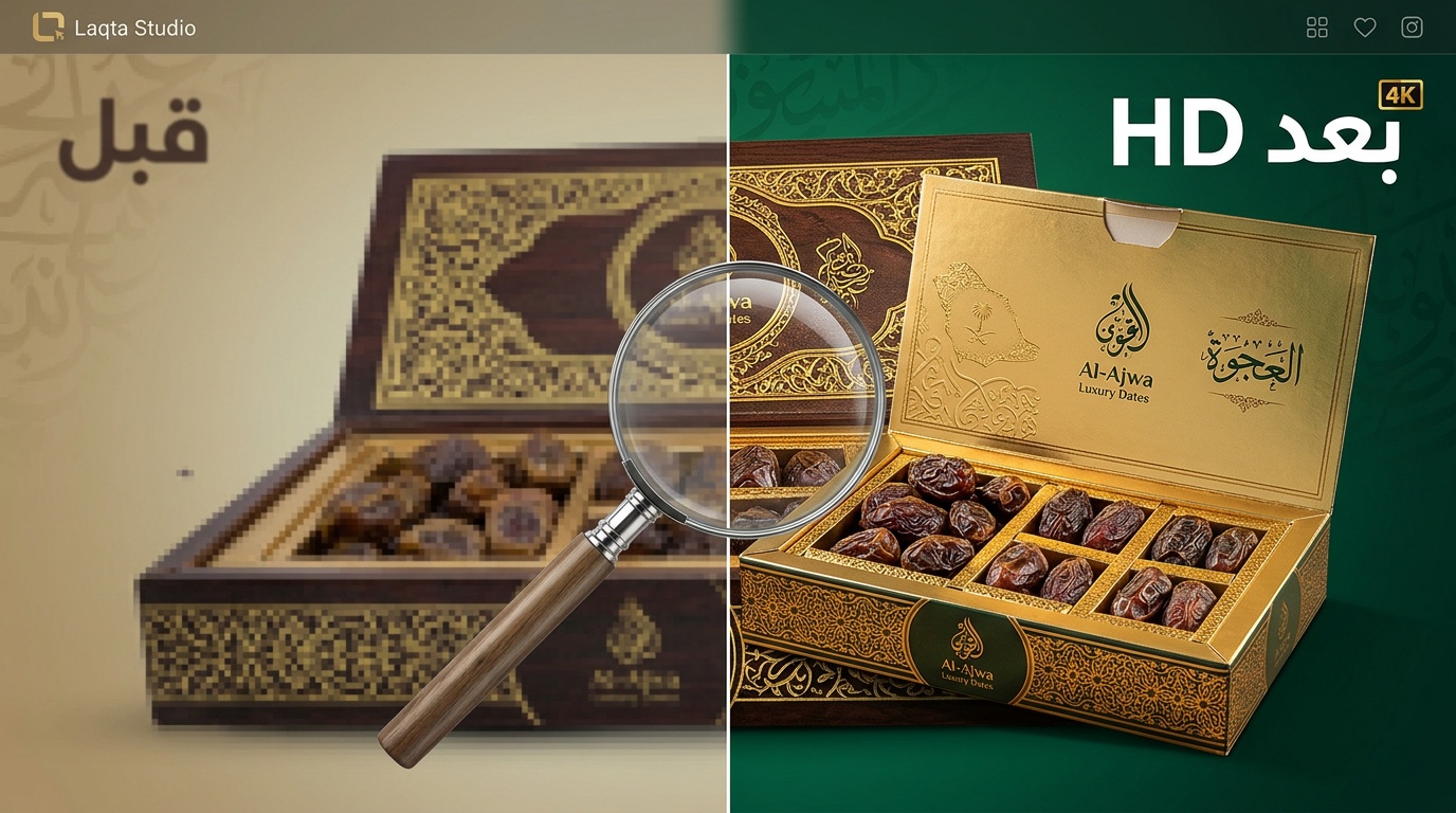 مقارنة قبل وبعد تحسين صورة منتج تمور سعودي إلى جودة HD عالية الدقة باستخدام لقطة