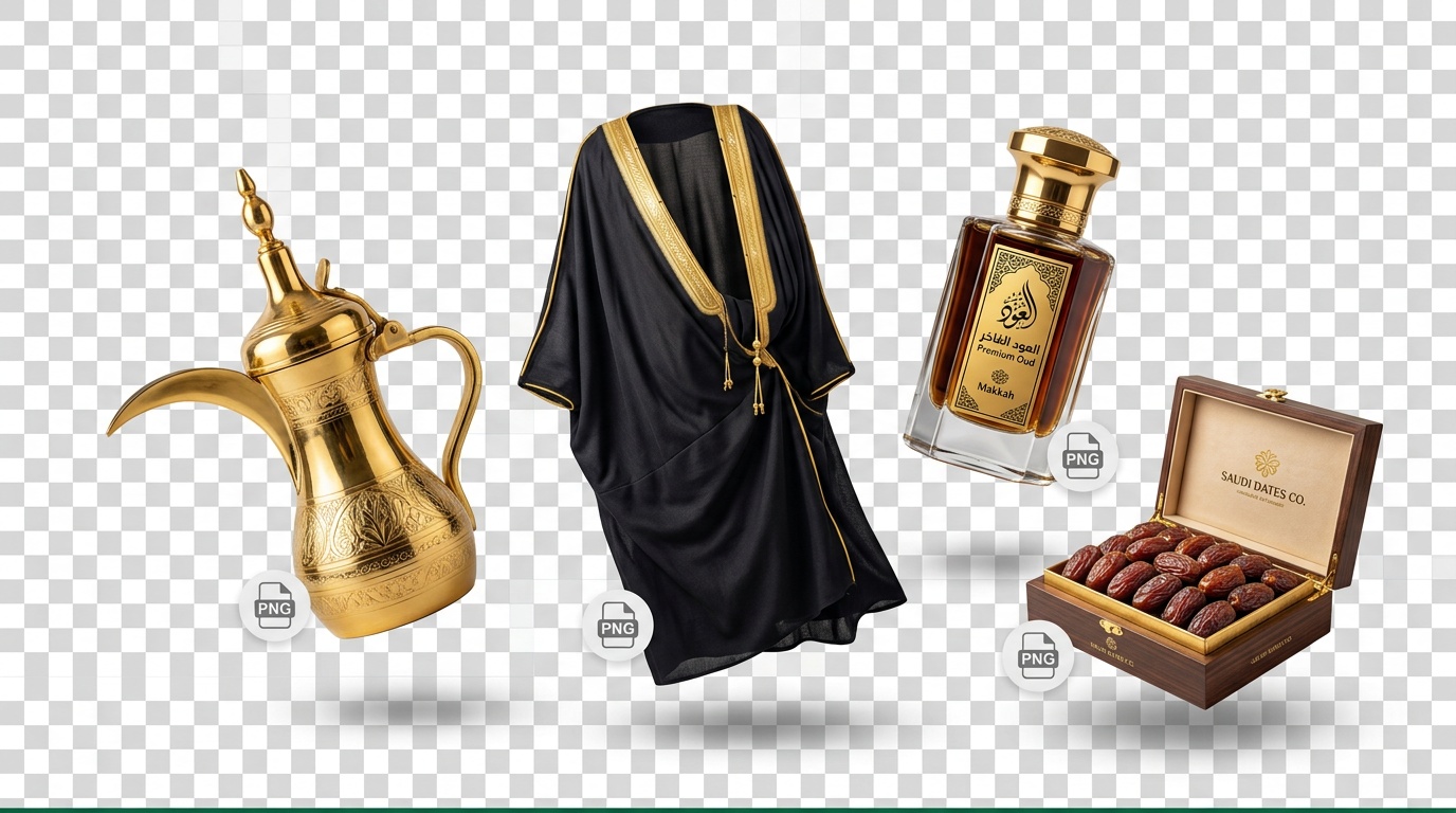 منتجات سعودية تراثية وفاخرة مفرغة بصيغة PNG شفافة - دلة وبشت وعطر وتمور