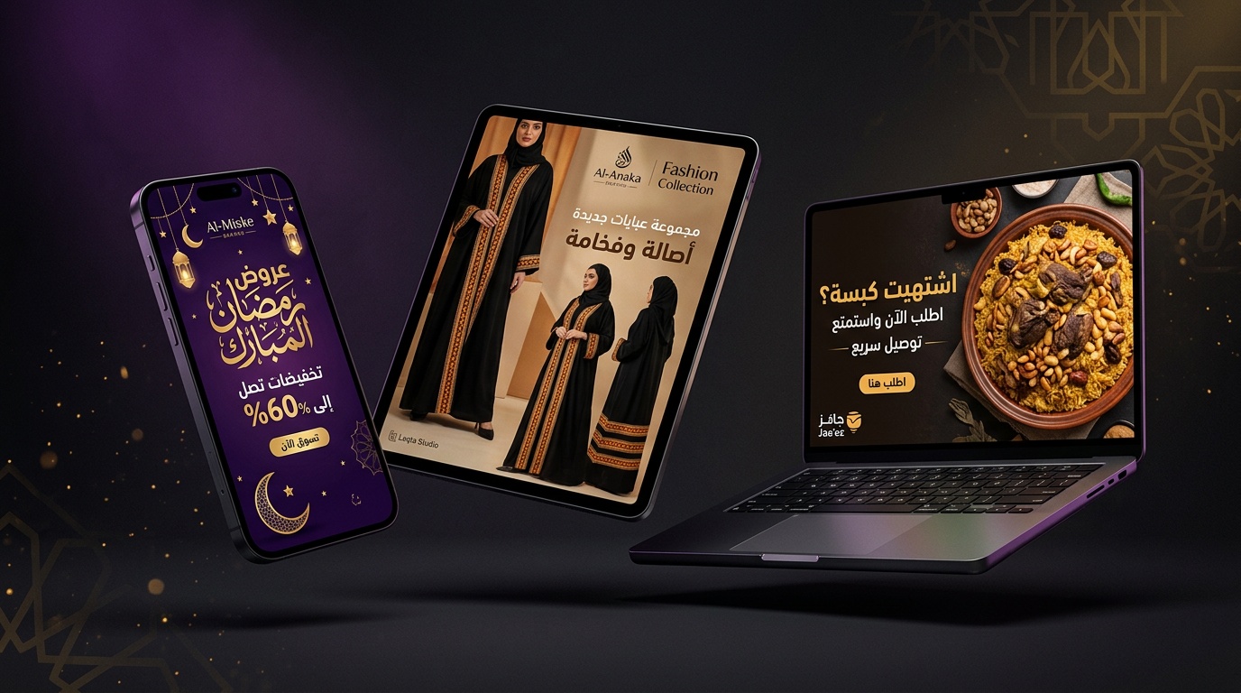 معرض إعلانات احترافية لمتاجر سعودية بتصاميم عربية على أجهزة متعددة