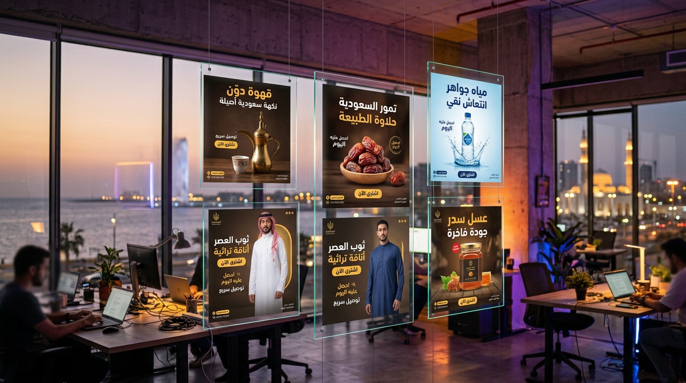 صور إعلانية احترافية بالعربية لمنتجات سعودية معروضة على شاشات زجاجية