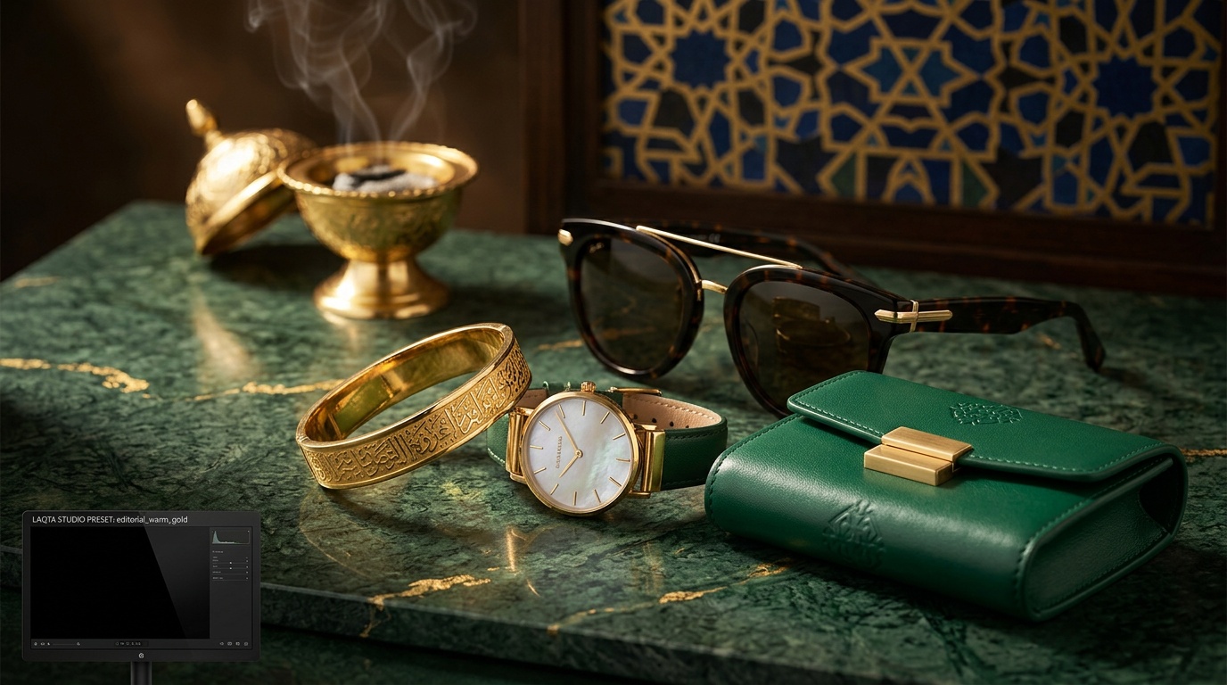 تصوير إكسسوارات فاخرة سعودية مع مجوهرات ذهبية وساعات على رخام مع بخور وزخارف إسلامية