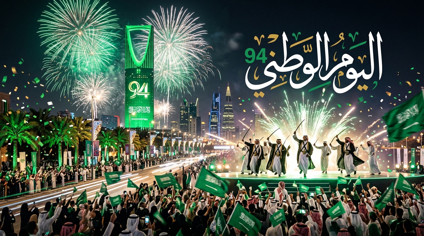 احتفالات اليوم الوطني السعودي مع برج المملكة والألعاب النارية بالأخضر والأبيض