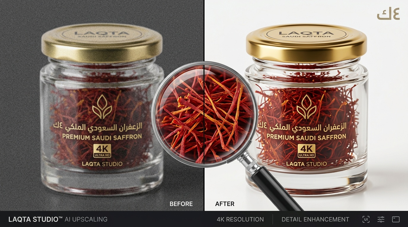 مقارنة جودة صور منتج زعفران سعودي قبل وبعد التحسين إلى 4K عبر لقطة استوديو