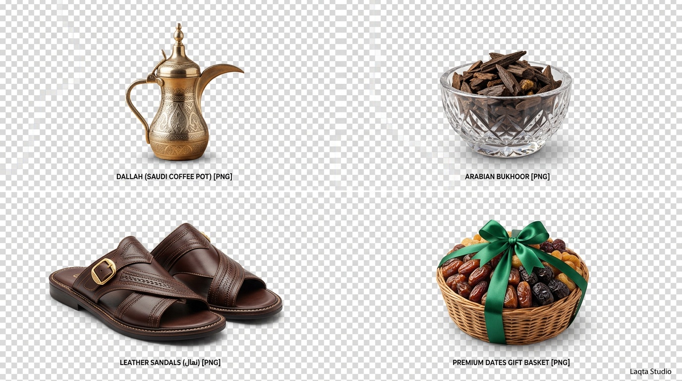 صور منتجات سعودية بدون خلفية بصيغة PNG - دلة فضية وبخور وصندل ذهبي وسلة تمور فاخرة