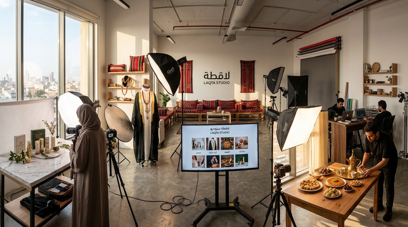 استوديو تصوير تجاري سعودي احترافي مع محطات تصوير متعددة ومعرض لقطة استوديو بالعربي