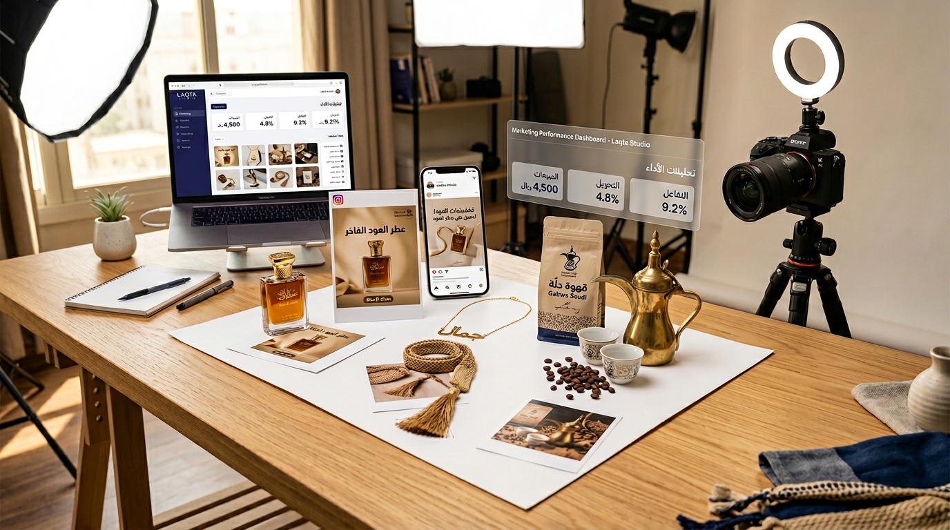 صور تسويق احترافية لمنتجات سعودية مع أدوات تصوير ومنصة لقطة استوديو