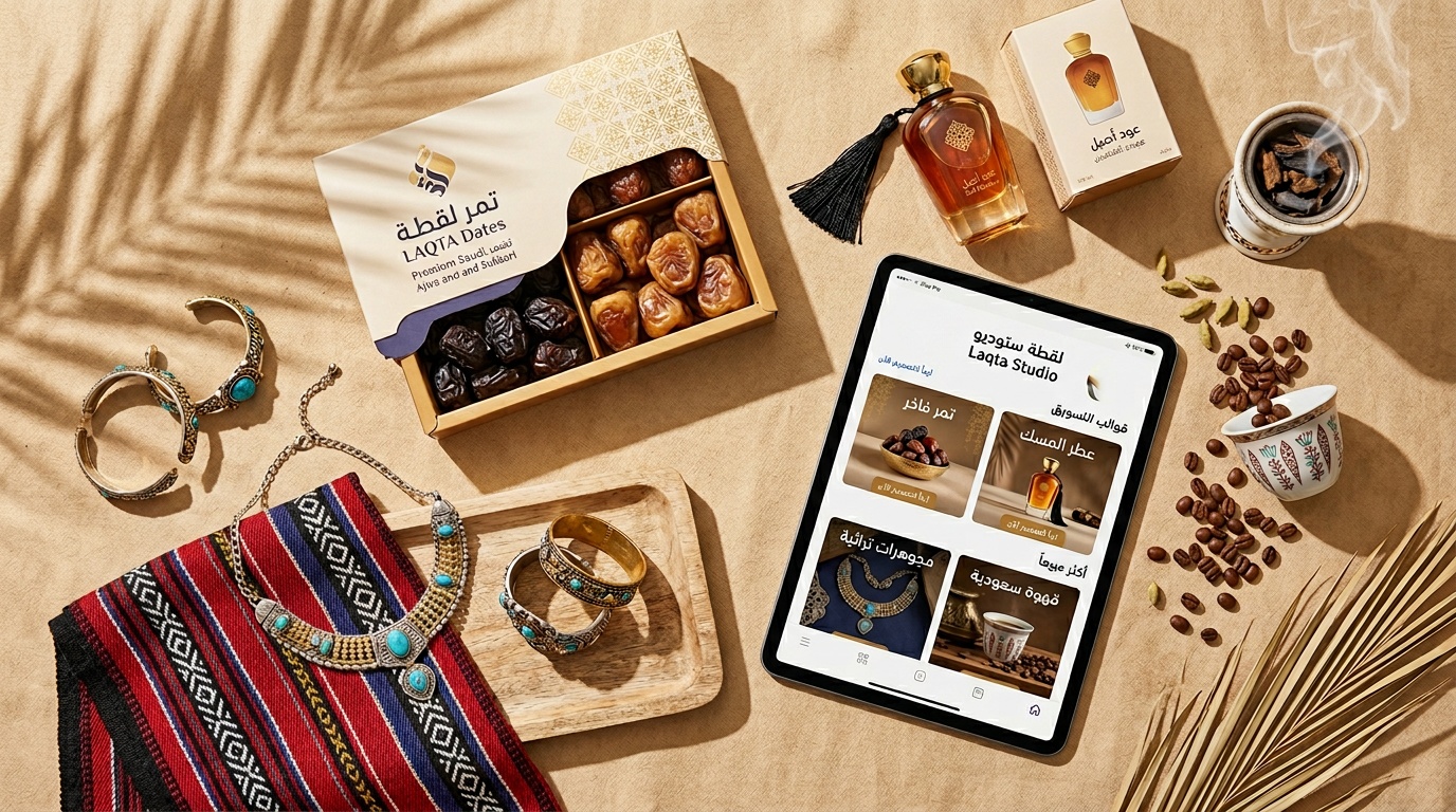 صور تسويقية احترافية لمنتجات سعودية مصممة بأداة لقطة استوديو
